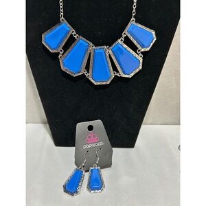 Blue Necklace & Earrings Silver Tone Bib‎ Statement Jewelry Set